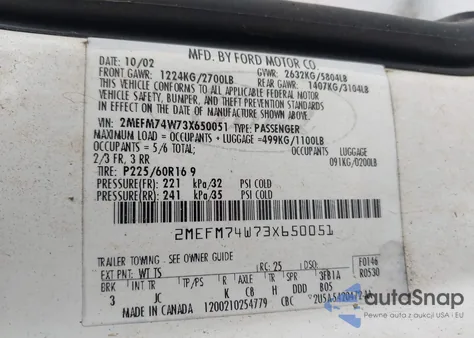 2003 Mercury Grand Marquis Gs из США, поврежденный, VIN 2MEFM74W73X650051